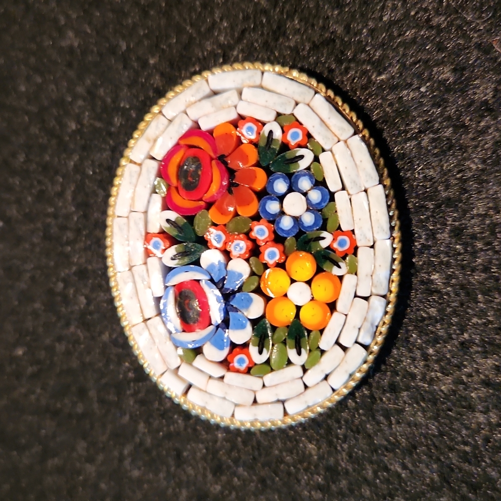 Italian Floral Micro Mosaic Glass Goldtone Pin Vintage 80's